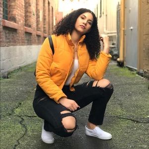 Mustard puffer jacket!